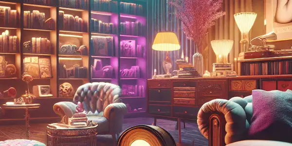 A cozy, dimly-lit room with an open erotic novel, plush furniture, and a romantic atmosphere.