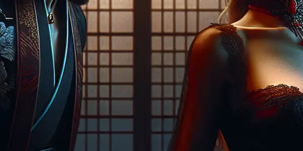 A tense confrontation between a defiant woman and a cruel man in a dimly lit room.