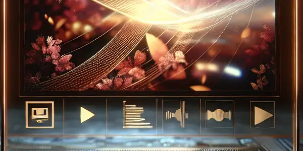 A sleek media player interface in a cozy, intimate digital environment, featuring abstract visuals and warm tones.