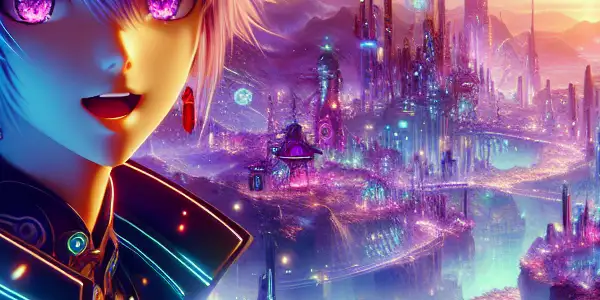 A vibrant, futuristic virtual world featuring a customizable anime character in a romantic and adventurous interactive scene.