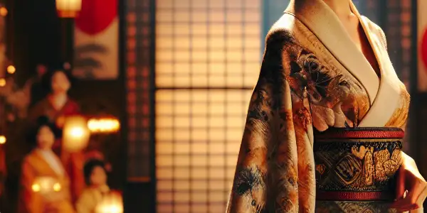 A stunning female character in a kimono exudes allure in a softly lit Japanese film studio setting.