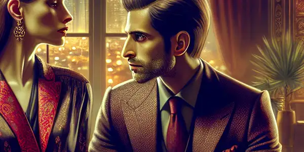 A romantic scene featuring two attractive actors in a luxurious, intimate setting with a city view.