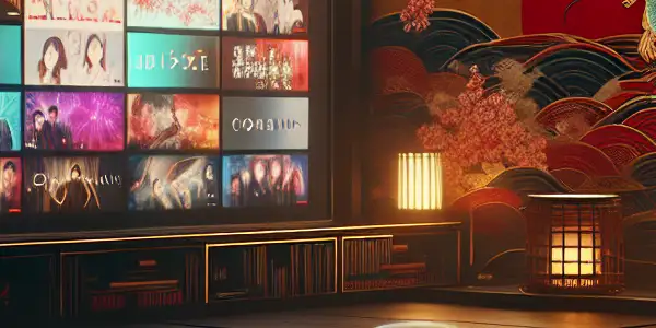 A modern computer setup in a dimly lit room, showcasing a vibrant Japanese adult entertainment website interface.