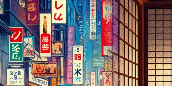 A vibrant cityscape contrasting with an intimate Japanese room, showcasing the diversity of the global erotic industry.