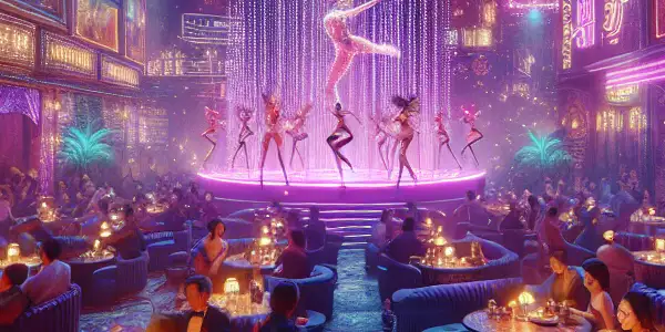 A vibrant adult-themed bar in Patong, Thailand, filled with performers, neon lights, and an excited audience.