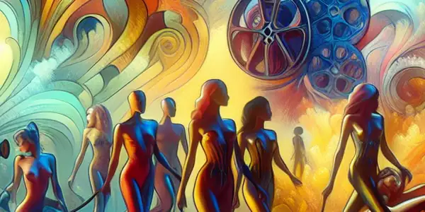 A surreal depiction of erotic culture evolution, featuring diverse characters in imaginative costumes within fantastical environments.