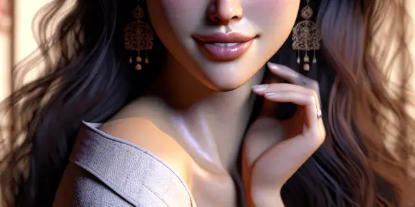 A confident Japanese actress in a dimly lit room, exuding allure with traditional decor and a captivating smile.