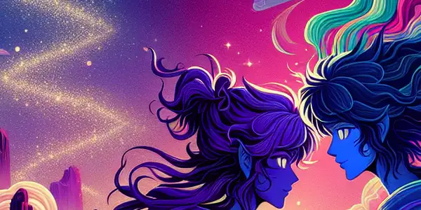 Two anime-inspired characters in a passionate embrace, set against a colorful, dreamlike landscape with floating islands and cherry blossoms.