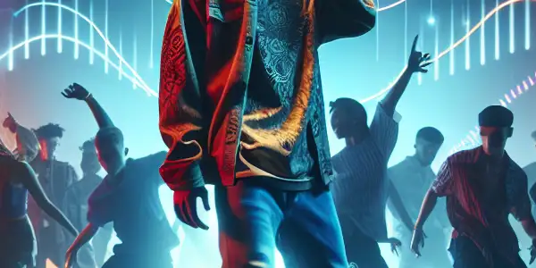 A vibrant underground club scene featuring a charismatic rapper, enthusiastic fans, and sensual dancers amidst neon lights.