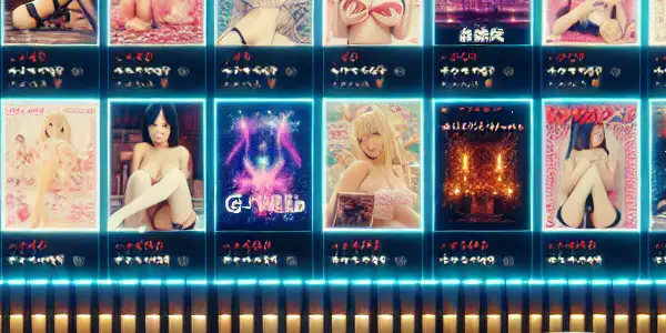 A modern streaming interface showcasing a variety of colorful Japanese adult film thumbnails in a cozy home setting.