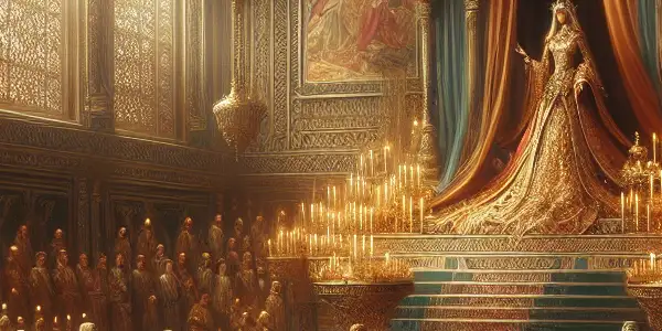 An opulent ancient palace chamber featuring a seductive queen surrounded by admiring attendants and rich, luxurious decor.