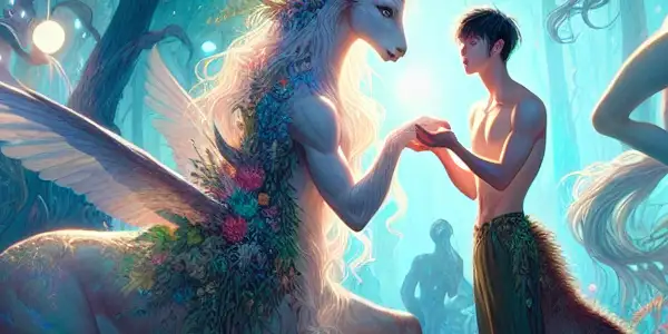 An enchanting woodland scene featuring a human and an alluring anthropomorphic creature in an intimate, magical interaction.