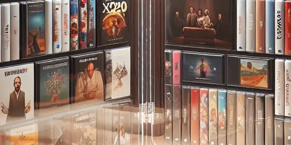 Elegant adult film packaging display featuring a transparent acrylic case and luxurious leather sleeve with DVDs.