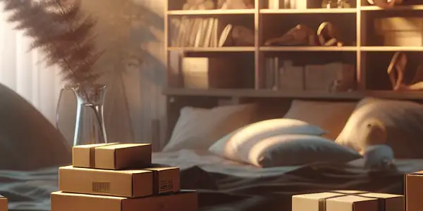 A cozy, softly lit room showcasing discreet adult entertainment packaging, emphasizing privacy and comfort.