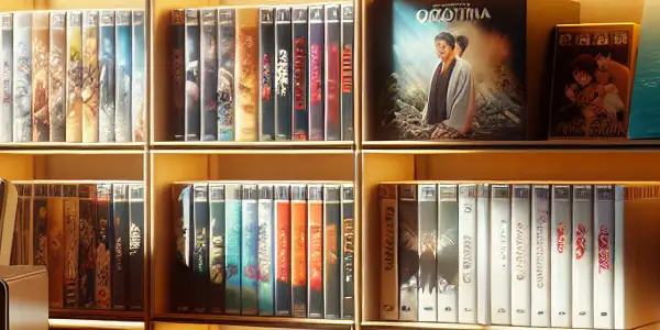 A curated collection of elegantly designed adult film packaging displayed in a cozy, dimly lit room.