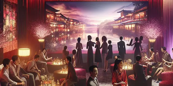 A dimly lit adult party with intimate seating, playful conversations, and a screen displaying adult films.