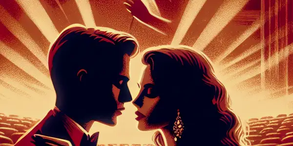 A couple shares an intimate moment in a dimly lit vintage cinema, surrounded by plush red velvet seats.