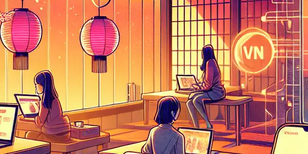 Adult students in a cozy study using smartphones to explore Japanese adult films, surrounded by cultural elements and privacy symbols.