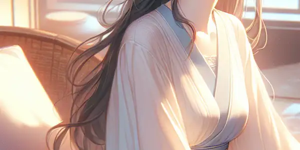 A petite woman with long hair smiles gently in a softly lit, intimate room filled with cushions and flowers.