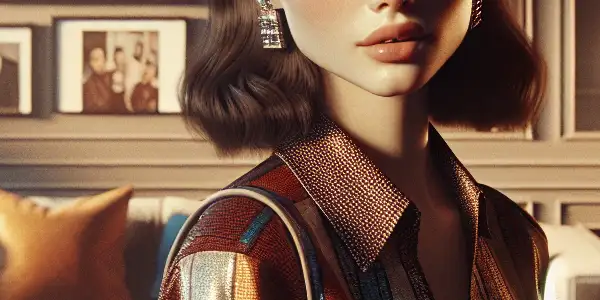 A young woman in a stylish living room, exuding allure and curiosity in a cozy, intimate setting.