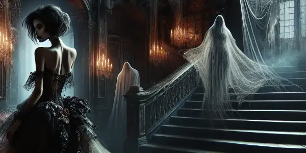 A mysterious figure in a tattered gown stands in an eerie mansion, surrounded by ghostly apparitions and unsettling shadows.<a href=