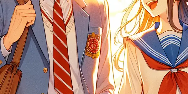 Students in traditional Japanese uniforms interact playfully under cherry blossoms, evoking youthful romance and tension.