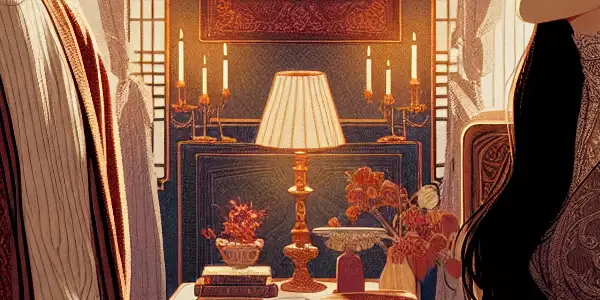 A romantic scene of a young couple in a dimly lit, intimate room filled with warmth and desire.