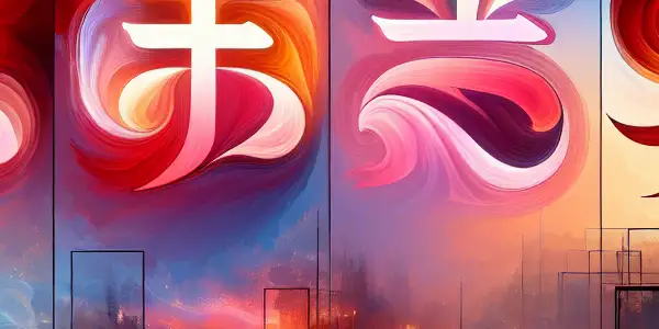 Abstract representation of Chinese characters for desire, love, intensity, and emotion in a dreamy, immersive setting.