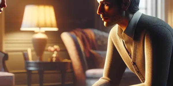 A sophisticated woman engages intimately with a younger man in a warm, luxurious living room setting.