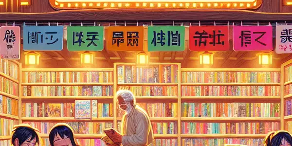 A vibrant digital marketplace featuring rural-themed novels and adult entertainment, bustling with diverse shoppers in a charming village setting.