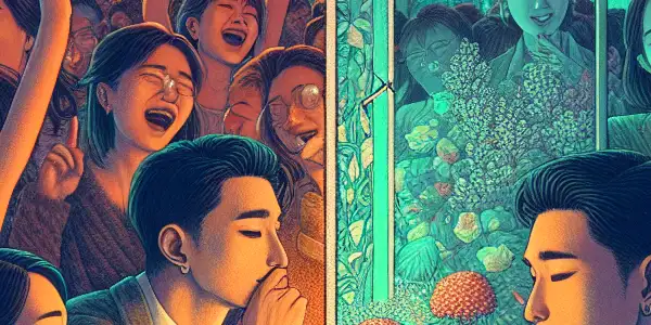 A split scene contrasting a chaotic party with superficial interactions and a serene setting highlighting deep emotional connection.