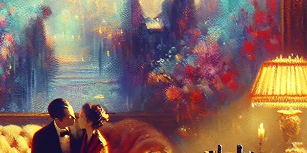 A couple embraces in a softly lit room, surrounded by warm colors and intimate furnishings, evoking passion and mystery.