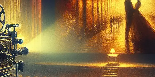 A dimly lit cinema with plush seats, a vintage projector, and silhouettes of an audience watching a romantic Korean film.