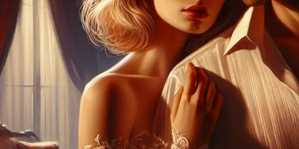 A couple in an intimate embrace in a luxurious, dimly lit room, surrounded by elegant decor and candlelight.