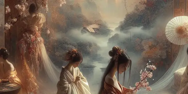 A romantic and intimate scene infused with Japanese cultural motifs, evoking fantasy and allure.